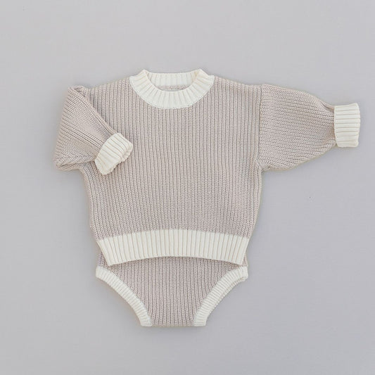 Knitted baby romper set with white trim